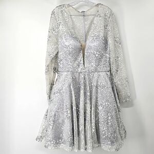 COLORS Silver Sequin Corsette Top Deep V-neck Tulle Slip Fit & Flare Dress Sz:14